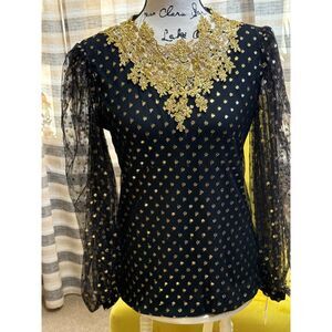 NWT NOS Black & Gold Polka Dot Ready for Party Blouse Festive Holiday Wear Sz 8